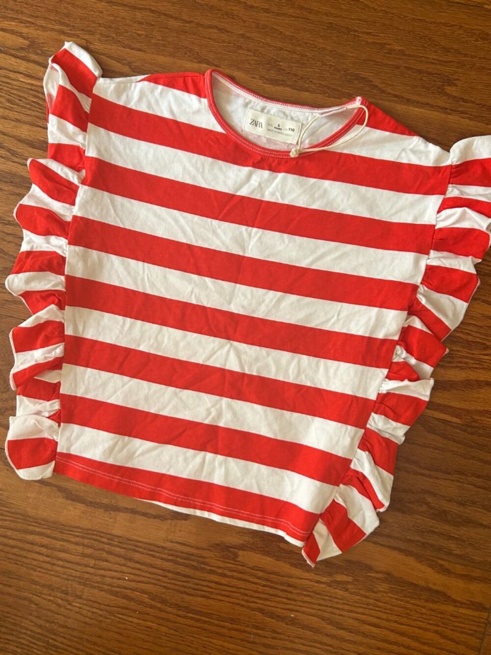 NWOT Zara Little Girls Red and White Striped Ruffle Sleeve Tee Size 5 5T New - Picture 4 of 13